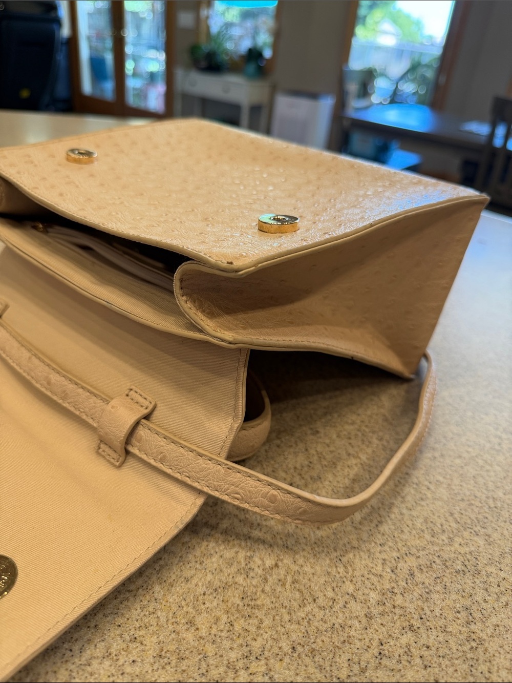 Crossing Vegan Leather Beige Structured Top-Handle Crossbody Bag w/ Gold Buckle - Picture 6 of 9
